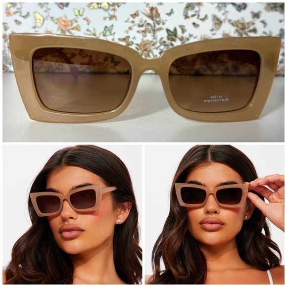 Women's Beige Nude Narrow Cat Eye Rectangle Modern Sunglasses 400 UV Protection - Picture 1 of 7